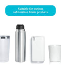 Sublimation Heat Shrink Wrap Sleeves Kit 50 Pieces In 5 Sizes 9x14 8x8 7x11 5x10 4x3 Inch For DIY Tumblers Mugs And More Perfect For Custom Gifts Decals Ornaments And Personalization With Durable White Film Blanks. shown with tumbler, bottle, phone case and mug