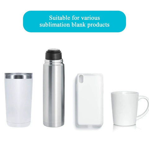 Sublimation Heat Shrink Wrap Sleeves Kit 50 Pieces In 5 Sizes 9x14 8x8 7x11 5x10 4x3 Inch For DIY Tumblers Mugs And More Perfect For Custom Gifts Decals Ornaments And Personalization With Durable White Film Blanks. shown with tumbler, bottle, phone case and mug