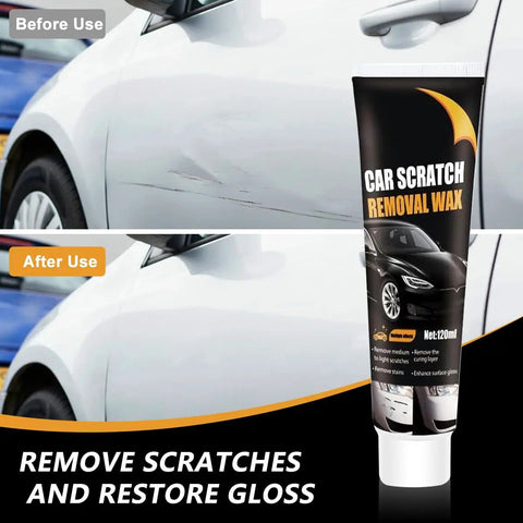 Vehicle Scratch Remover Kit 2025 Upgrade With Wipe Sponge And Polishing Wax For Deep Scratches Fast Car Repair And Showroom Shine Finish Great For All Vehicle Finishes And Easy DIY Buff For Your Ride tube in front of before and after car scratch repair images.