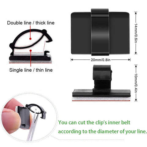 Self Adhesive Cable Clips With 3M Adhesive For Tidy Cables Wire Holder Clamp For Desk Car Dash Cam Walls And Tables Black 30 Pieces Fits 0 To 5 mm Cables Cuttable Inner Channel Strong Hold After 24 Hours, showing clip size and adjustable features.