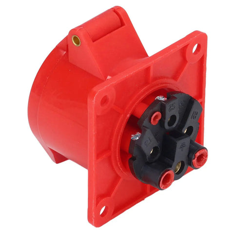 Heavy Duty Industrial Concealed Power Outlet IP44 Wall Socket PC Brass Red Commercial Grade Electrical Jack. View of red outlet from side.