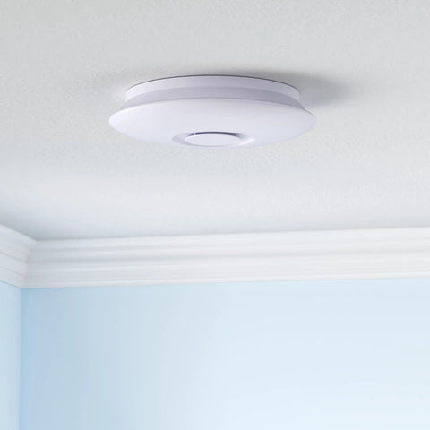 Ceiling view of Dimmable 15 Inch LED Ceiling Light With Bluetooth Speaker, 24W, App Control Via Smartphone, flush mount, modern white finish
