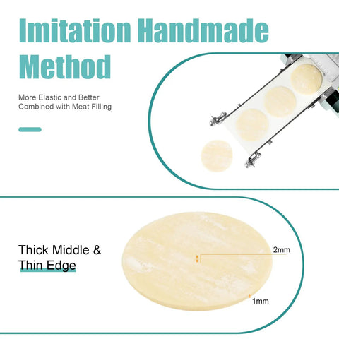 Automatic Commercial Dumpling Skin Maker Machine One Touch Operation Adjustable Thickness Knob showcasing thick and thin dumpling skins.