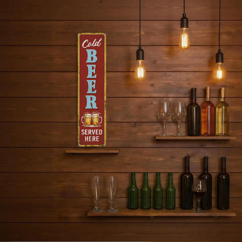 Rustic Cold Beer Served Here Metal Wall Sign Retro Vertical Tin Decor, 15.7x3.9 inches, ideal for game room or porch.