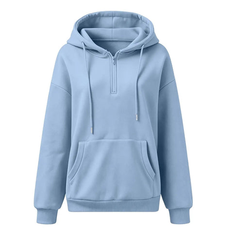 Womens Oversized Zip Up Hoodie Fleece Pullover Sky Blue With Quarter Zip And Stand Up Collar