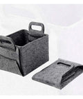Hassle Free Big Time Foldable Cotton Storage Basket With Smooth Braided Handles Easy Slide Shelf Cube Tote For Closet Organization Car Trunks And Weekend Getaways in grey felt, folded and upright views.