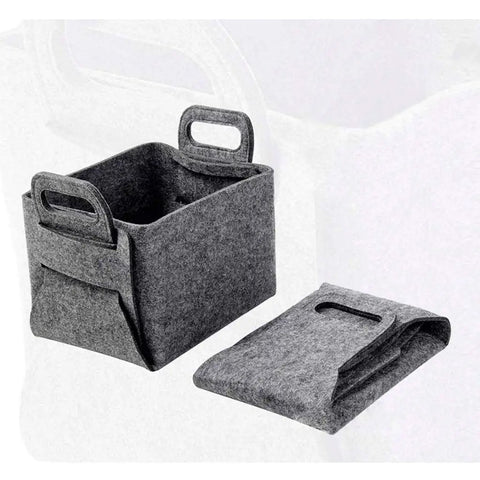 Hassle Free Big Time Foldable Cotton Storage Basket With Smooth Braided Handles Easy Slide Shelf Cube Tote For Closet Organization Car Trunks And Weekend Getaways in grey felt, folded and upright views.