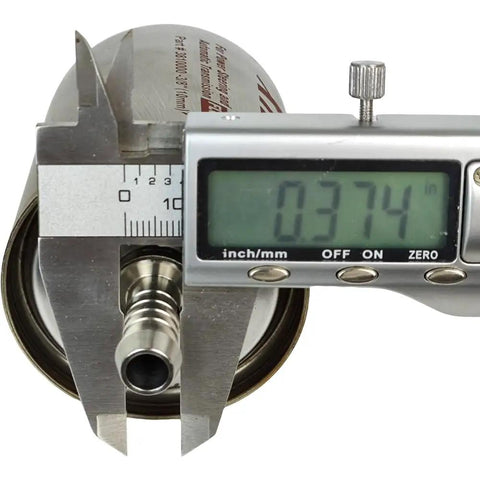Measurement of Inline Magnetic Transmission And Power Steering Filter 3/8 Inlet And Outlet 10 Mm Dual Filtration For Ferrous And Non Ferrous Metal Particles Universal Fit For Trucks And Cars Heavy Duty Metal Housing 10 Mm with caliper gauge