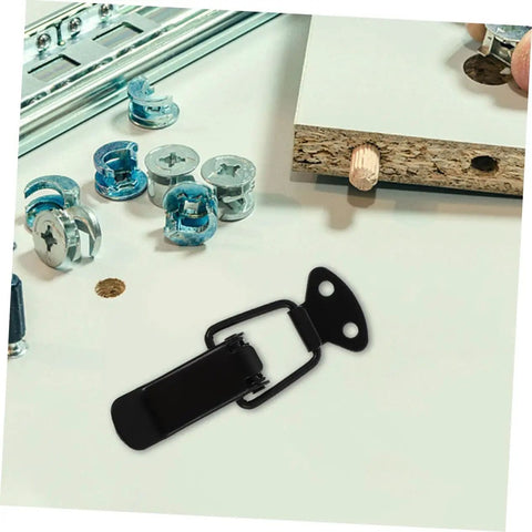 Universal Push Close Latch Kit With 4 Piece Spring Loaded Toggle Hasp shown with assembly parts for cabinets, doors, and lids