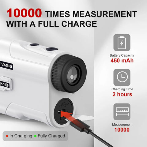 Close-up of 1000 Yard Golf Rangefinder with charging cable, showing battery capacity and charge time, 450 mAh label visible.