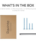 Box contents showing 12.6 Inch Square Cabinet Handles Matte Black Pulls with screws for easy install, durable metal construction hardware.