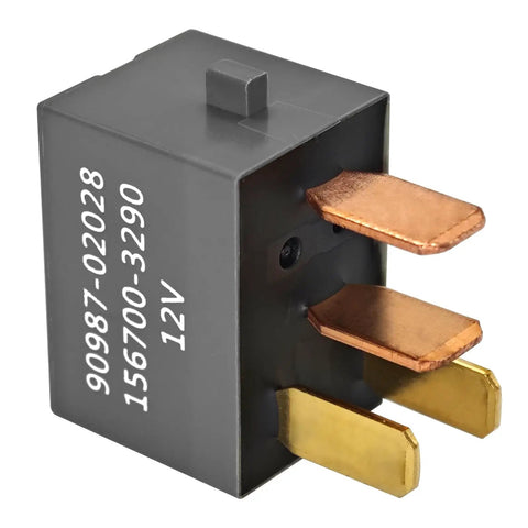 12V DC 30A 4 Pin Automotive Relay Pack Of 2 For Toyota Vehicles 1997 And Up Direct Replacement With OEM-Quality Performance, Reliable Power Switch For Engine Bay, Plug And Play 12V Relay Fit, close-up of 4-pin relay with copper terminals