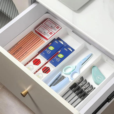 Shallow Drawer Organizer 1.57 Inch High, All In One Modular Expandable Desk Divider Tray For Office Supplies Makeup And Kitchen Utensils, Detachable Tray, Fits Narrow Drawers From 10.6 To 17.9 Inches, White.