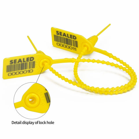 Yellow Plastic Barcode Seals Pack, Tamper Evident Security Tags, Pull Tite Zip Ties For Fire Extinguishers, 10 Inch Length close-up