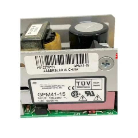 GPM41-15 Rugged Medical Equipment Power Supply With Porous Metal Shell And Cooling Fan 100 240V Input 15V Output Stable Performance No Noise Low Temperature Operation Safe For Industrial Use, close-up label