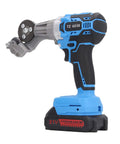Powerful 21V Cordless Electric Metal Shears Featuring Fast Cutting Rotating Disc Blades Rechargeable Battery With Three Speed Levels And A 360 Degree Adjustable Head For Heavy Duty DIY And Construction Jobs No Burrs in blue and black.
