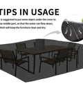 Heavy Duty 600D All Weather Patio Furniture Cover For Rectangular Tables And Chair Sets, Waterproof Outdoor Cover Fits Up To 110 In L By 84 In W By 28 In H, Protects Oval Or Rectangular Sets, Black shown covering outdoor furniture with tips for usage.