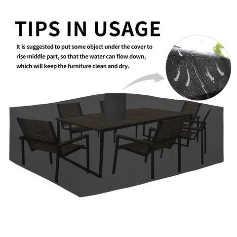 Heavy Duty 600D All Weather Patio Furniture Cover For Rectangular Tables And Chair Sets, Waterproof Outdoor Cover Fits Up To 110 In L By 84 In W By 28 In H, Protects Oval Or Rectangular Sets, Black shown covering outdoor furniture with tips for usage.