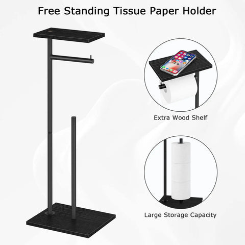 Freestanding Toilet Paper Holder With Shelf And Wood Base Black Finish Sturdy Stand For Mega Rolls Reserve Paper Storage Bathroom Organizer Easy Move No Drill Keeps Your Tissues Handy And Neat