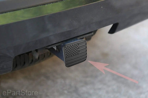 Heavy Duty Black Flag Hitch Receiver Cap For 2 Inch Tow Hitch - No Pin Required, installed on rear of vehicle