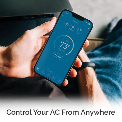 Person using app to control Smart AC Controller For Mini Split, Window, And Portable ACs And Heat Pumps With Free App No Subscriptions