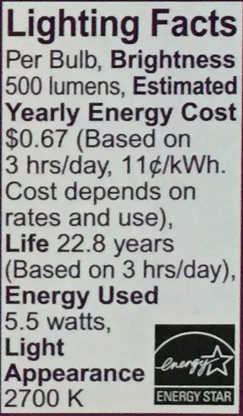 Lighting facts for Dimmable LED PAR20 Flood Bulb with 40 Degree Beam for Indoor Use, 500 lumens, 5.5 watts, Energy Star rated