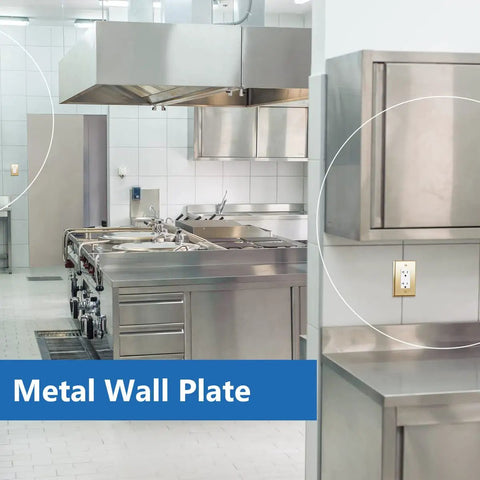 Commercial kitchen with Decorator Switch Or Receptacle Metal Wall Plate Built Tough With Corrosion Resistant Stainless Steel And Polished Brass Finish.
