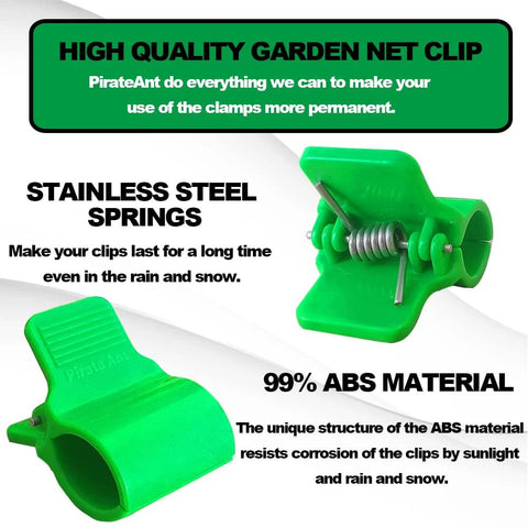 Front view: green greenhouse clamp with stainless steel springs for 1/2 inch PVC pipe; ABS plastic.