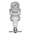 Front view of PneumaticPlus SAR300T-N03BG air pressure regulator with 3/8 in NPT, gauge, mounting bracket, and T-handle.
