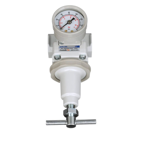 Front view of PneumaticPlus SAR300T-N03BG air pressure regulator with 3/8 in NPT, gauge, mounting bracket, and T-handle.