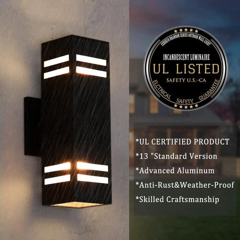 13 Inch Modern Outdoor Wall Sconce in Black Sand Textured Aluminum with 3 Sided Frosted Glass Weatherproof IP64 Rust Resistant Exterior Light