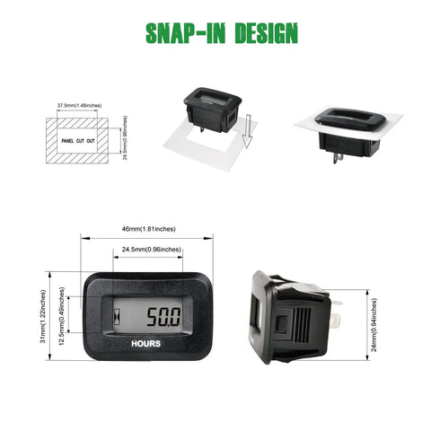 Digital OEM Maintenance Hour Meter Gauge For DC Power Systems From 5V To 60V Works With 12V 24V 36V 48V Gear And Rigs Tracks Total Running Hours Up To 99999H And Delivers A Handy 50H Maintenance Reminder. snap-in panel mount, 37.5x24.5 mm cutout