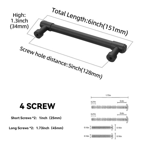 Diagram of matte black cabinet handle with dimensions, highlighting the 5-inch screw hole distance, from the 10 Pack 5 Inch Matte Black Cabinet Handles.