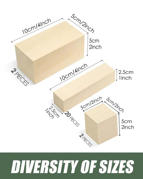 Whittling Wood Carving Blocks Set 24 Pieces In 3 Sizes For DIY Projects, labeled with dimensions and quantity for each size.