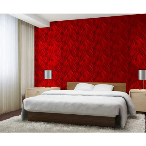 Bedroom with red textured wall using Flames Seamless 3D Wall Panels White 24 Sq Ft Pack For A Dope Ceiling And Wall Makeover