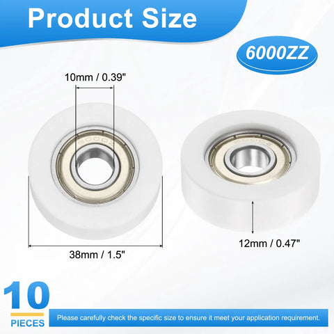 Ten Pack Nylon Guide Pulley Rollers With Ball Bearings Slick Action Built For 10mm Shafts 38mm Wheels And Knockout DIY Builds No Brainer Swap Any Weekend Project - product dimensions shown.