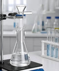 Lab-Grade Borosilicate Glass Funnels With Threaded Adapter, 10-Pack Set on lab stand with glass beaker for liquid transfer