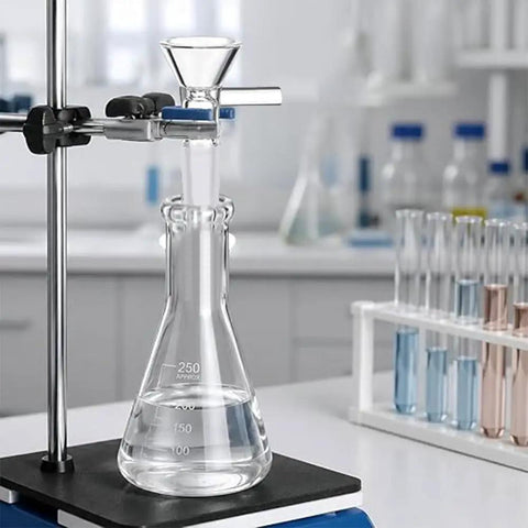 Lab-Grade Borosilicate Glass Funnels With Threaded Adapter, 10-Pack Set on lab stand with glass beaker for liquid transfer