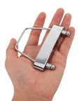 4 String Metal Bass Guitar Bridge Plate For Electric Bass Hardtail Fixed Bridge With Quick Setup And Enhanced Sound Clarity Silver Replacement Part For Bass Players, silver metal bridge plate in hand