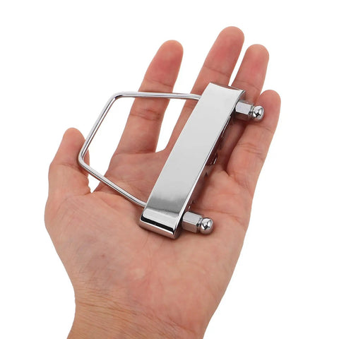 4 String Metal Bass Guitar Bridge Plate For Electric Bass Hardtail Fixed Bridge With Quick Setup And Enhanced Sound Clarity Silver Replacement Part For Bass Players, silver metal bridge plate in hand