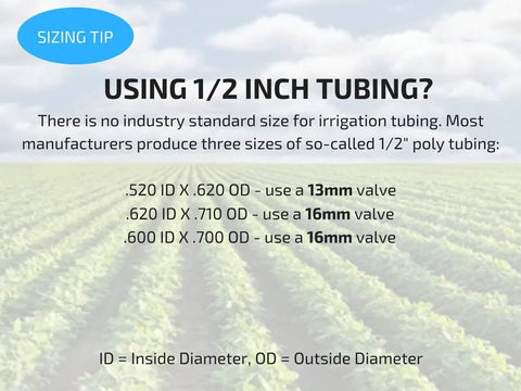 Habitech 2-pack inline barbed ball valves for 3/4 in tubing; sizing-tip graphic shows 1/2 in valve sizes 13mm and 16mm.