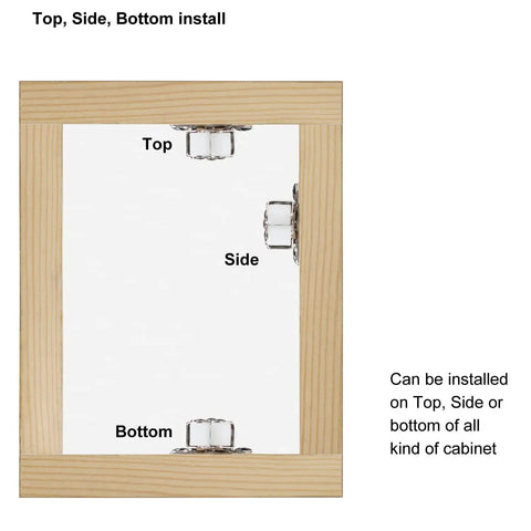 Top, Side, Bottom install guide for No Sweat Install Cabinet Door Catches, showing mounting options for secure grip.