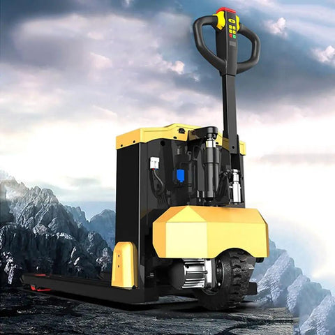 Heavy Duty Electric Pallet Jack With Integrated Scale And Rugged 48 Volt Lithium Battery 6600 Pound Walkie Pallet Truck rear view on rocky terrain.