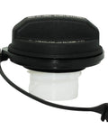 Side view of Kia Hyundai Gas Cap Replacement 31010-3L600U, black fuel cap with white screw fitting, includes gasket for 2004-2019 vehicles.