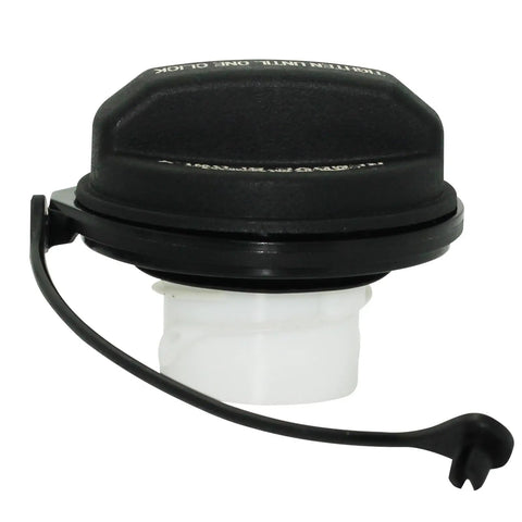 Side view of Kia Hyundai Gas Cap Replacement 31010-3L600U, black fuel cap with white screw fitting, includes gasket for 2004-2019 vehicles.