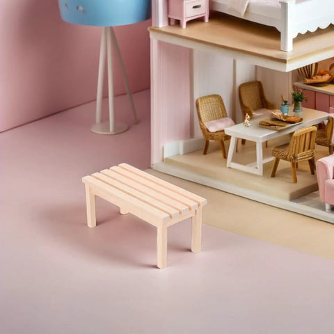 Wooden Dollhouse Bench 1:12 Scale Miniature Furniture For Fairy Garden Micro Landscapes Beige Finish, in dollhouse setting