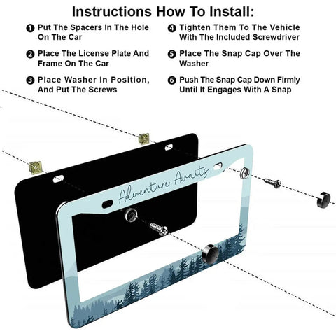 Instructions with Adventure Themed Two Pack Stainless Steel License Plate Frame Set With Screw Caps And Screwdriver Set For 2 Hole Plates