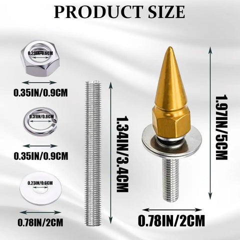 Badass Gold Spike License Plate Bolts And Screw Fastener Kit For Trucks And Cars Street Tough Anti Theft Vehicle Tag Frame Hardware All Season Aluminum Alloy Ride Ready Decor size details with spikes and bolts shown.