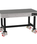 Straight Up Rock Solid Heavy Duty Steel Welding Fixture Table With Smooth Cruising Casters And Laser Cut Precision Mounting Holes For Custom Metalwork Shop Setup At 60X36X36 Inches showing sturdy steel frame and red casters.