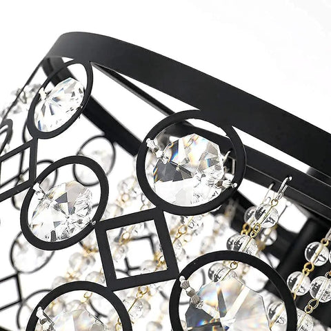 Close-up of Five Light Crystal Drum Chandelier Pendant Light With Round Hanging Fixture, ETL Listed, black finish with clear crystal beads